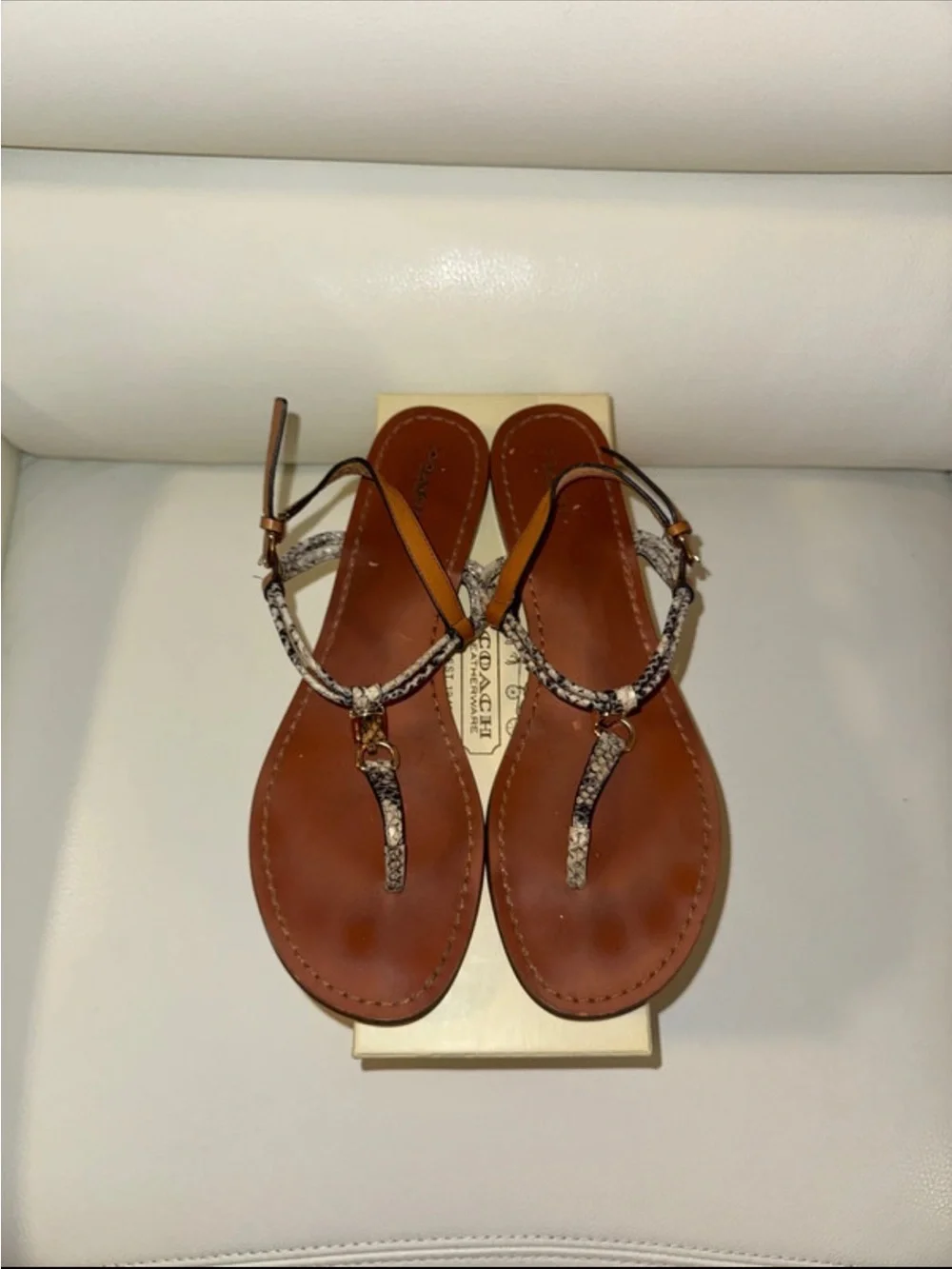COACH BROWN LEATHER T-STRAP SANDALS WITH SNAKESKIN TRIM